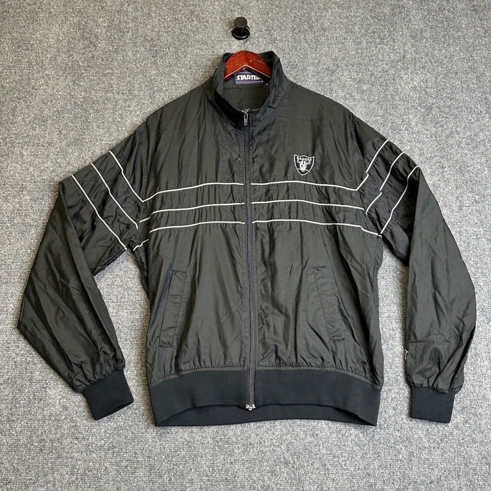 Vintage Starter NFL Oakland Raiders Windbreaker Jacket Mens L Black 90s Full Zip